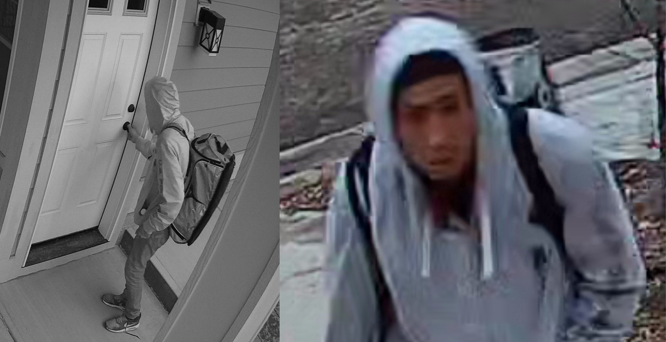 a would-be burglar testing my garage door handle on the left, a close-up of his face on the right