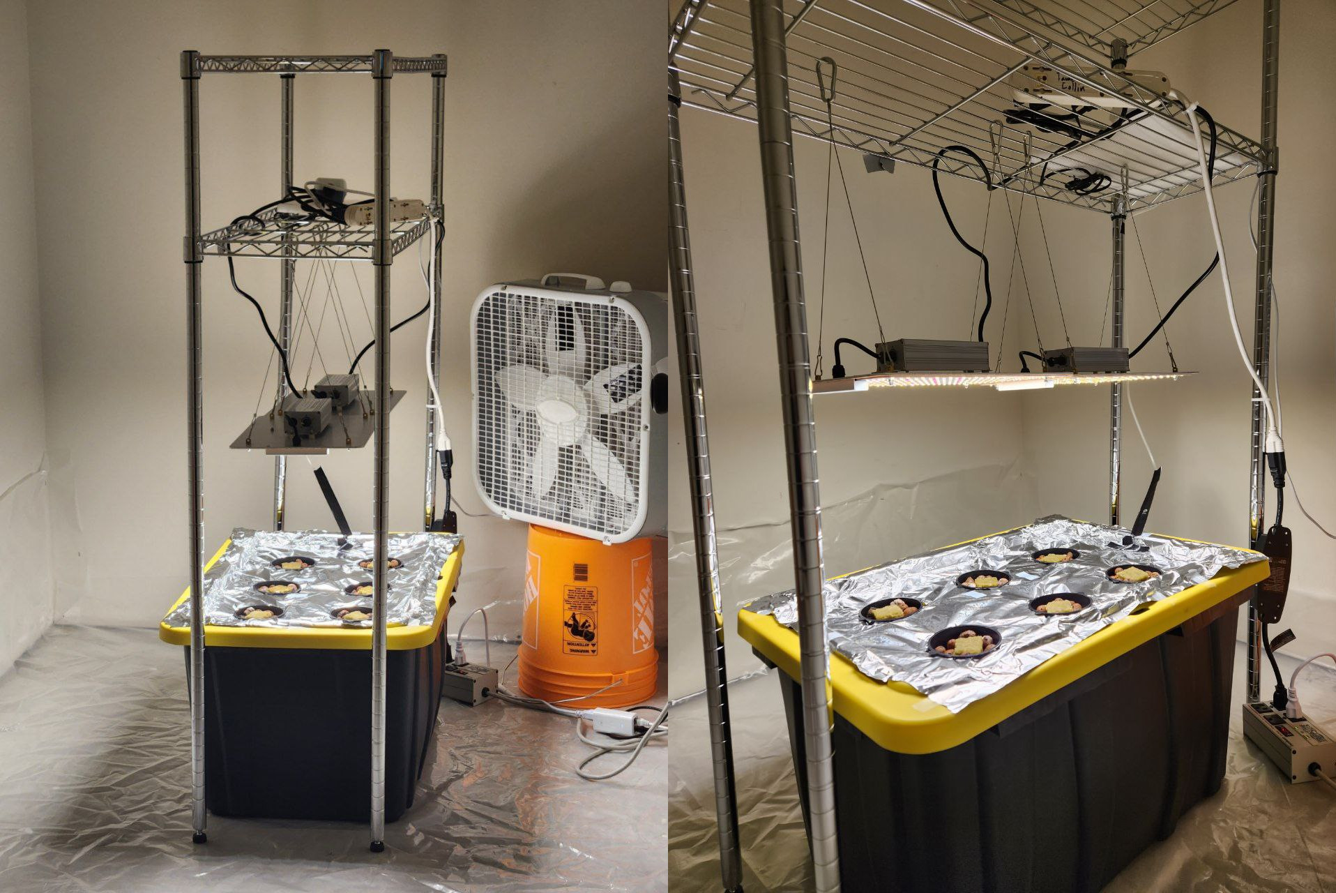 the hydroponics system from two angles. a black tub with yellow lid, covered in tin foil with six holes for plants. grow lights above suspended by metal shelving.