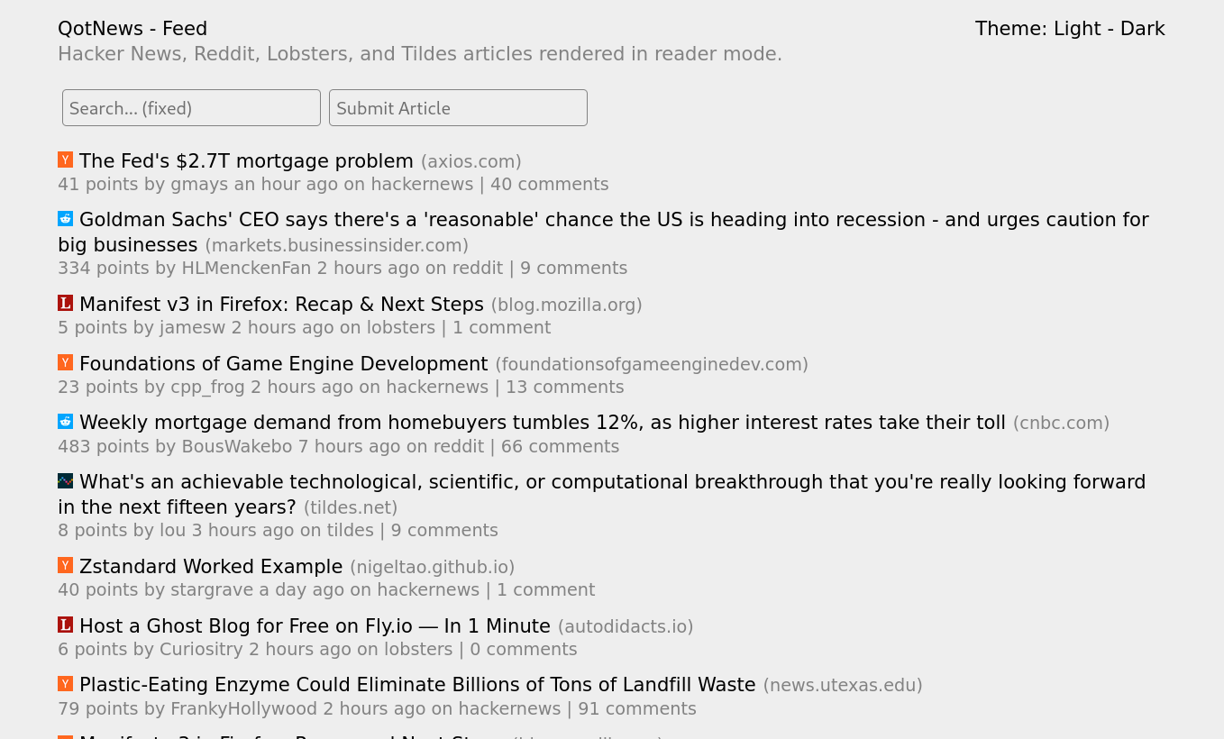 screenshot of the home page with a list of stories to click on