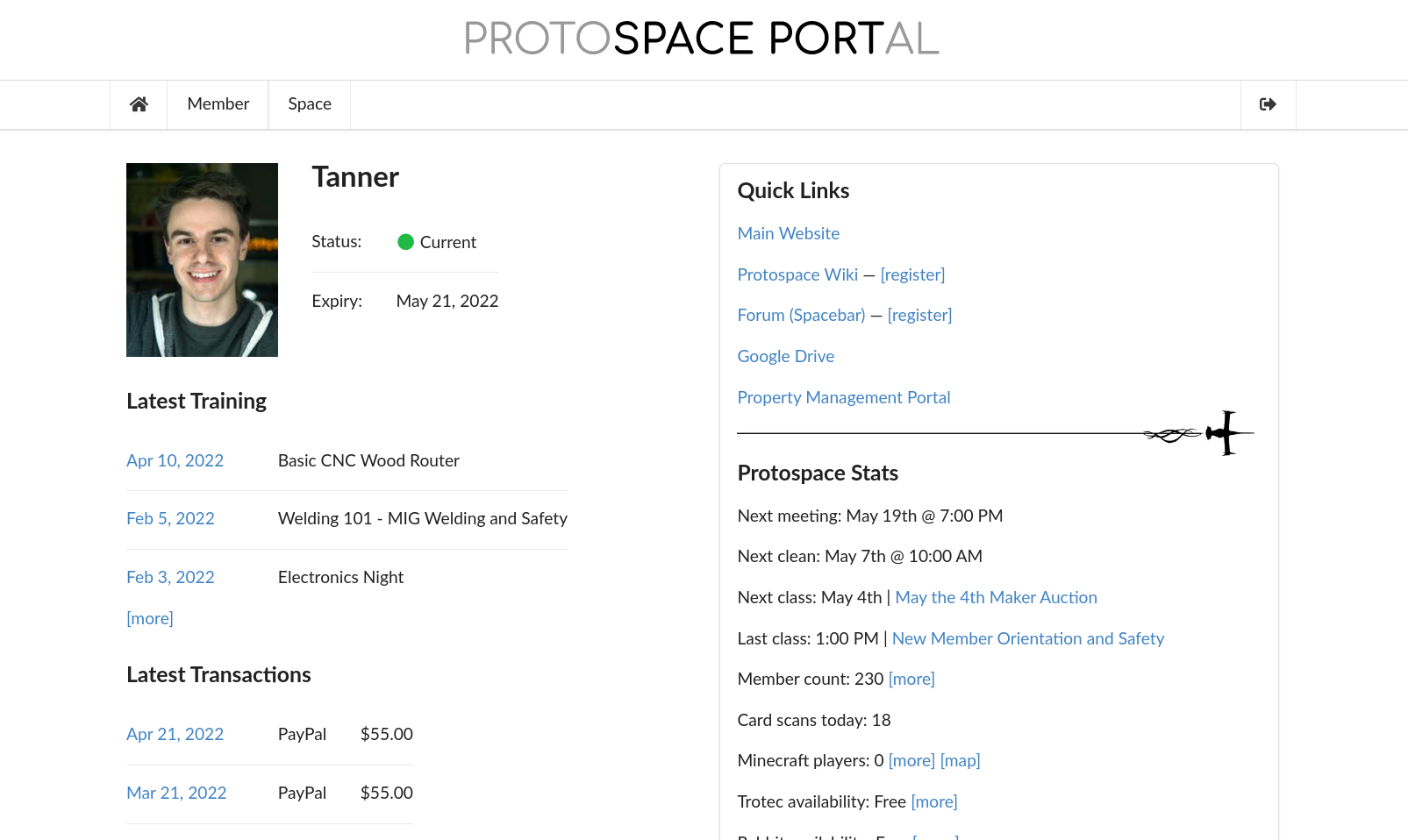 a screenshot of spaceport's home page. a photo of me to the left, below that my latest training and transactions. links and stats related to Protospace to the right.
